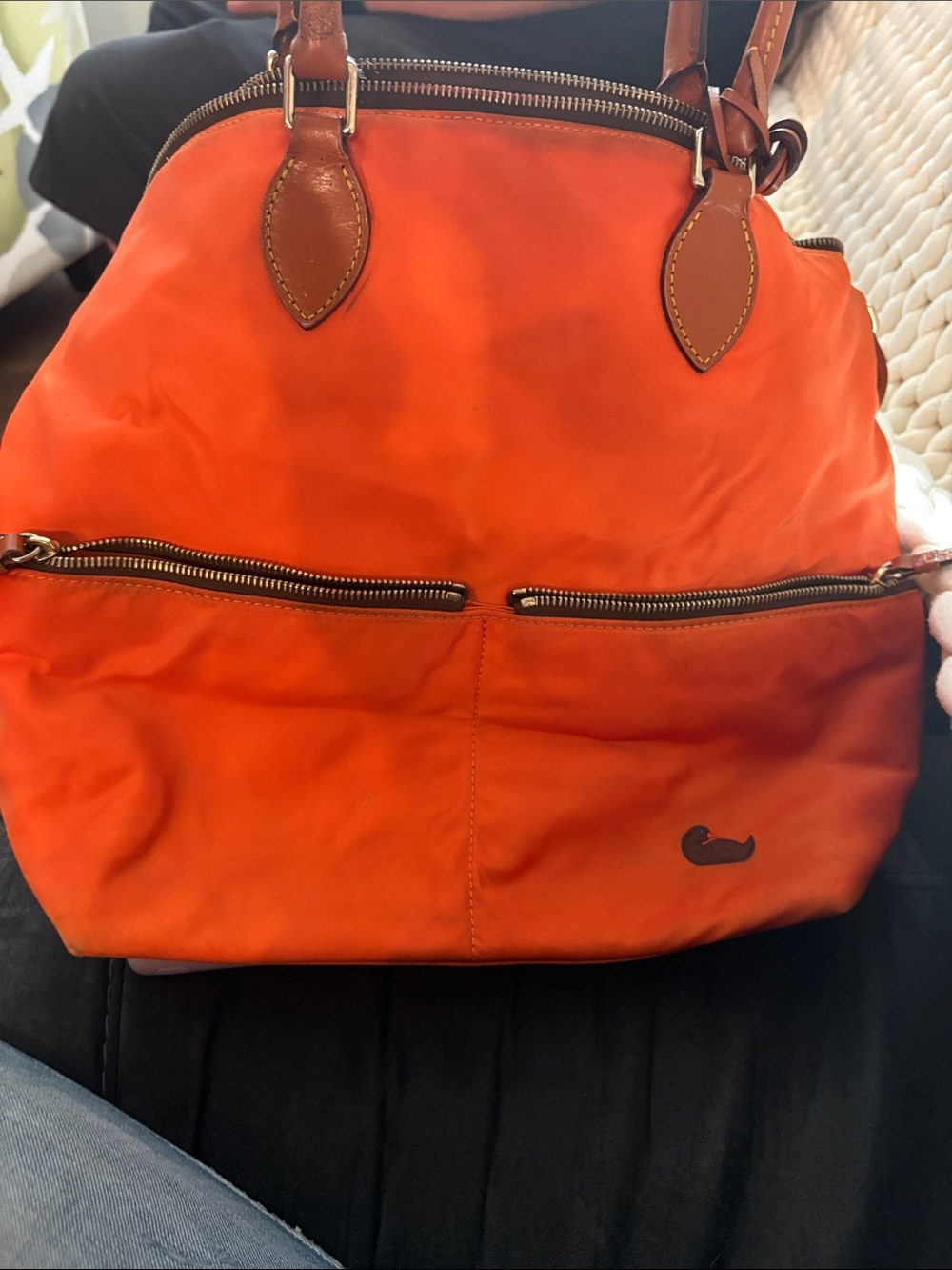 Orange Nylon Tote with Brown Leather Trim